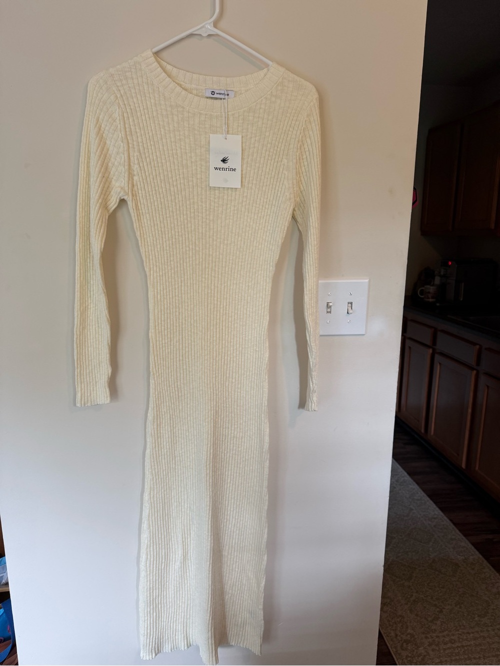 Cream Ribbed Long-Sleeve Maxi Dress